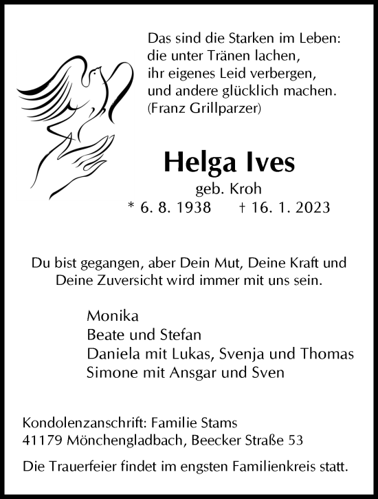 Traueranzeige von Helga lves von trauer.extra-tipp-moenchengladbach.de