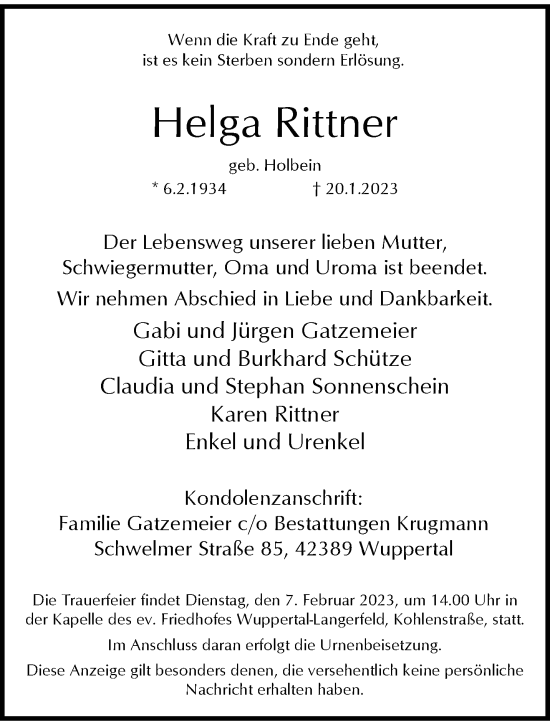 Traueranzeige von Helga Rittner von trauer.wuppertaler-rundschau.de