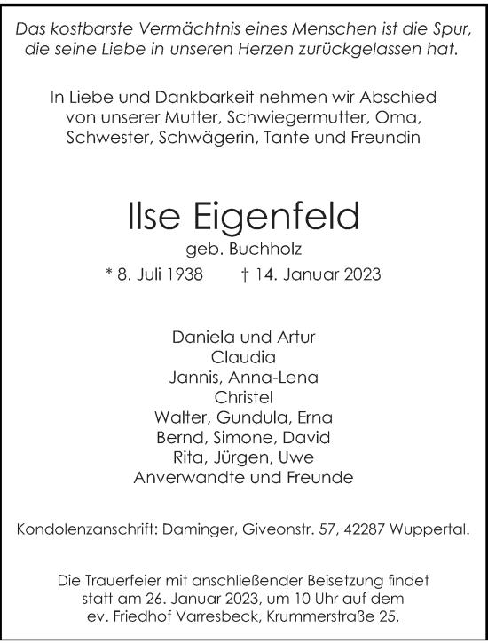 Traueranzeige von Ilse Eigenfeld von trauer.wuppertaler-rundschau.de