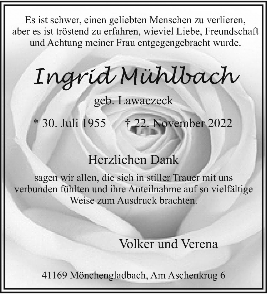  Traueranzeige für Ingrid Mühlbach vom 08.01.2023 aus trauer.extra-tipp-moenchengladbach.de