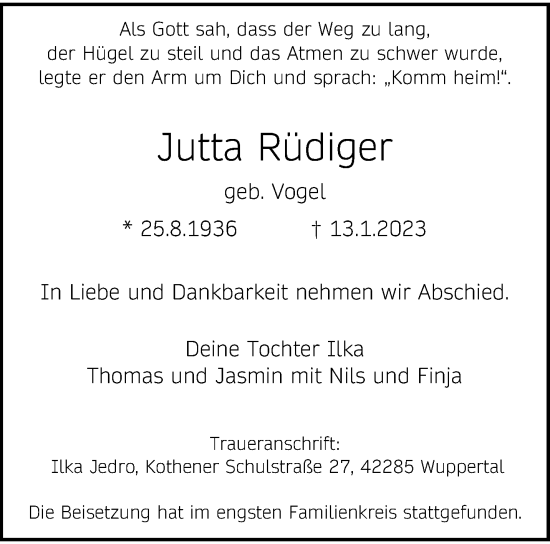 Traueranzeige von Jutta Rüdiger von trauer.wuppertaler-rundschau.de