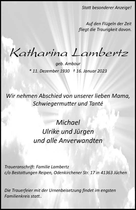 Traueranzeige von Katharina Lambertz von trauer.extra-tipp-moenchengladbach.de