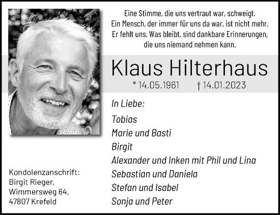 Traueranzeige von Klaus Hilterhaus von trauer.mein.krefeld.de