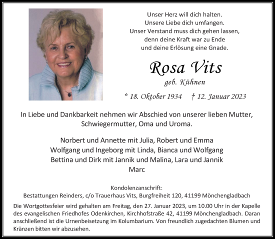 Traueranzeige von Rosa Vits von trauer.extra-tipp-moenchengladbach.de