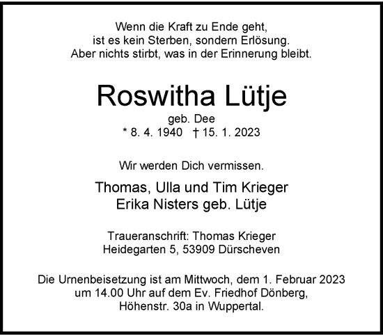 Traueranzeige von Roswitha Lütje von trauer.wuppertaler-rundschau.de