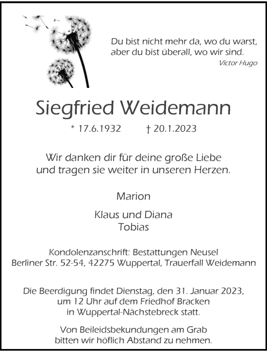 Traueranzeige von Siegfried Weidemann von trauer.wuppertaler-rundschau.de