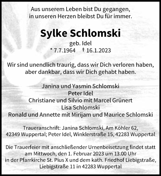 Traueranzeige von Sylke Schlomski von trauer.wuppertaler-rundschau.de