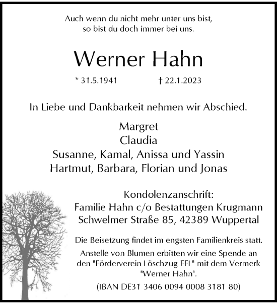 Traueranzeige von Werner Hahn von trauer.wuppertaler-rundschau.de