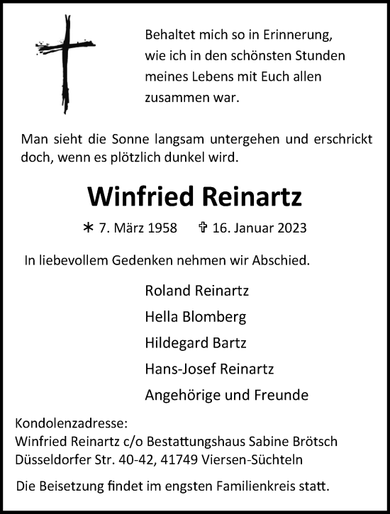 Traueranzeige von Winfried Reinartz von trauer.extra-tipp-moenchengladbach.de