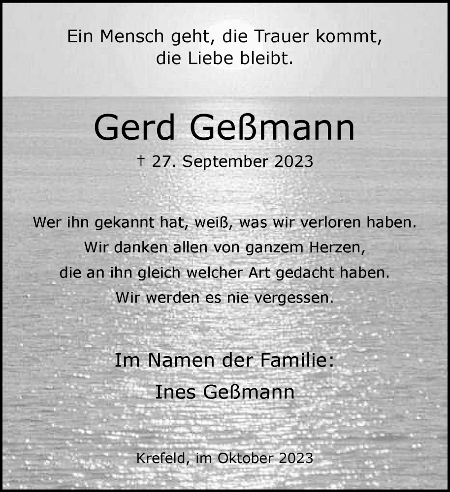  Traueranzeige für Gerd Geßmann vom 22.10.2023 aus trauer.extra-tipp-moenchengladbach.de