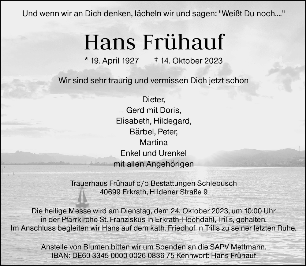  Traueranzeige für Hans Frühauf vom 20.10.2023 aus trauer.duesseldorfer-anzeiger.de