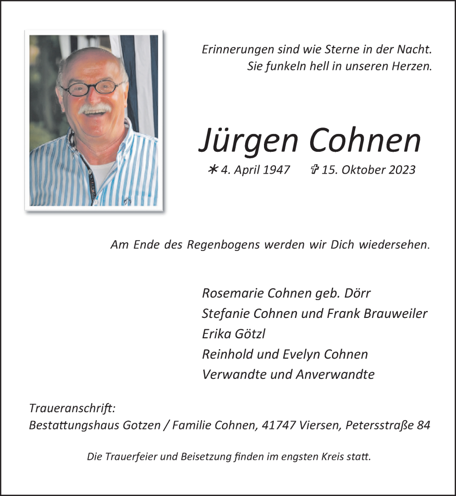  Traueranzeige für Jürgen Cohnen vom 29.10.2023 aus trauer.extra-tipp-moenchengladbach.de