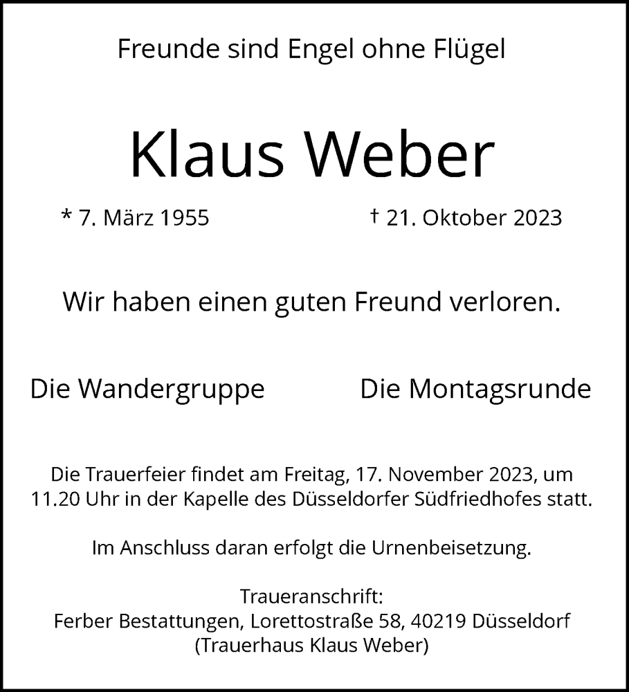  Traueranzeige für Klaus Weber vom 10.11.2023 aus trauer.duesseldorfer-anzeiger.de