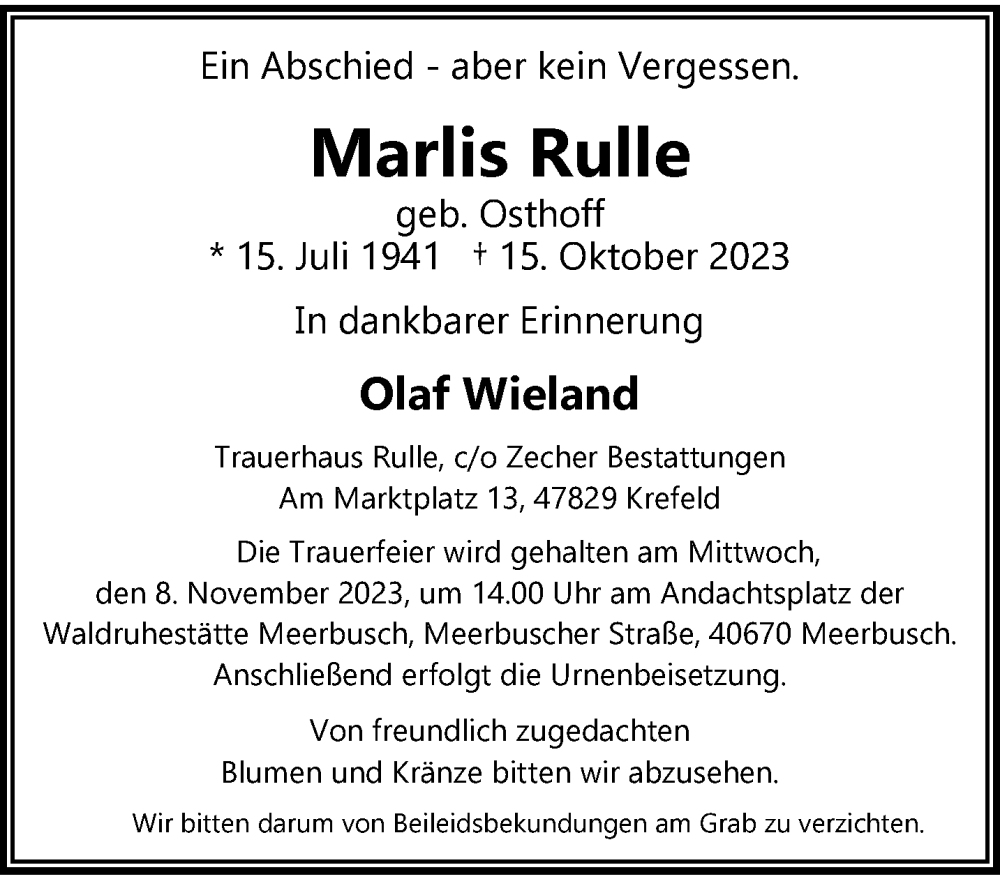  Traueranzeige für Marlis Rulle vom 03.11.2023 aus trauer.duesseldorfer-anzeiger.de