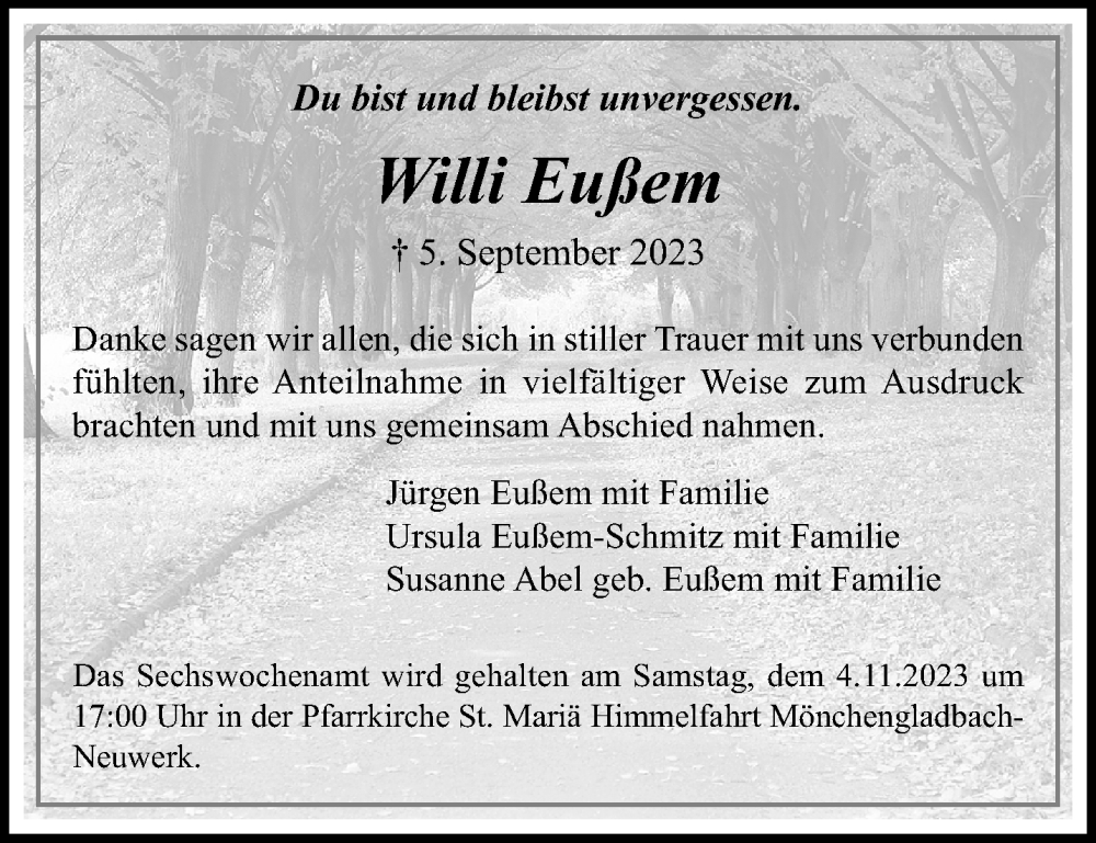  Traueranzeige für Willi Eußem vom 29.10.2023 aus trauer.extra-tipp-moenchengladbach.de