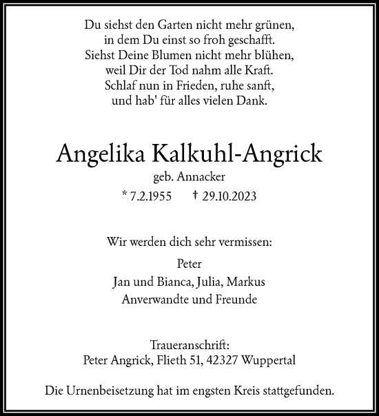 Traueranzeige von Angelika Kalkuhl-Angrick von trauer.wuppertaler-rundschau.de