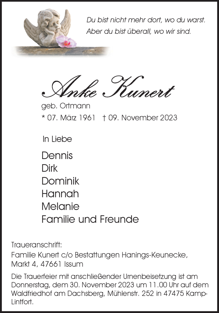  Traueranzeige für Anke Kunert vom 26.11.2023 aus trauer.extra-tipp-moenchengladbach.de