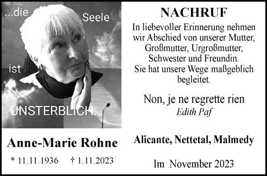 Traueranzeige von Anne-Marie Rohne von trauer.extra-tipp-moenchengladbach.de