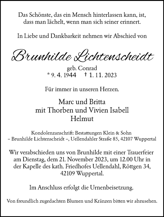 Traueranzeige von Brunhilde Lichtenscheidt von trauer.wuppertaler-rundschau.de