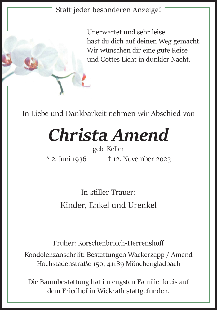  Traueranzeige für Christa Amend vom 03.12.2023 aus trauer.extra-tipp-moenchengladbach.de