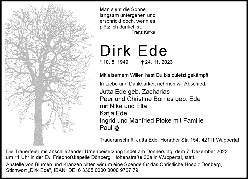  Traueranzeige für Dirk Ede vom 02.12.2023 aus trauer.wuppertaler-rundschau.de