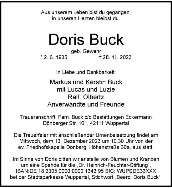 Traueranzeige von Doris Buck von trauer.wuppertaler-rundschau.de