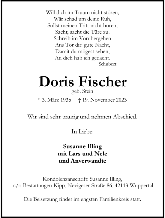 Traueranzeige von Doris Fischer von trauer.wuppertaler-rundschau.de