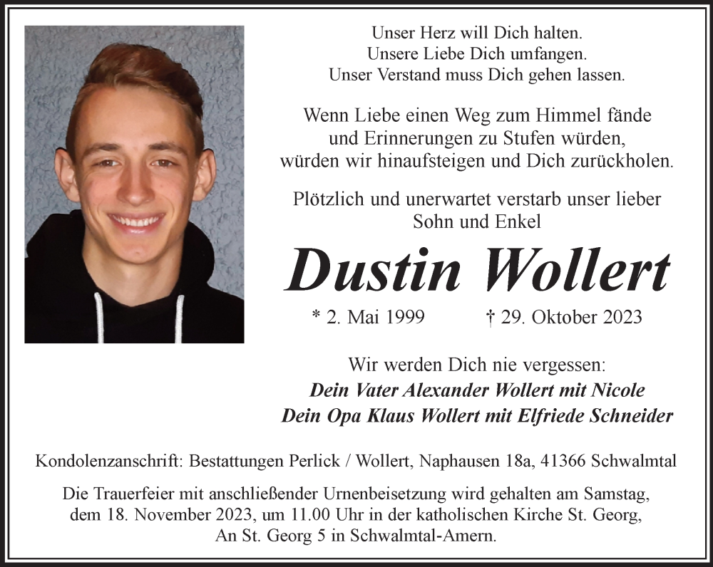  Traueranzeige für Dustin Wollert vom 12.11.2023 aus trauer.extra-tipp-moenchengladbach.de