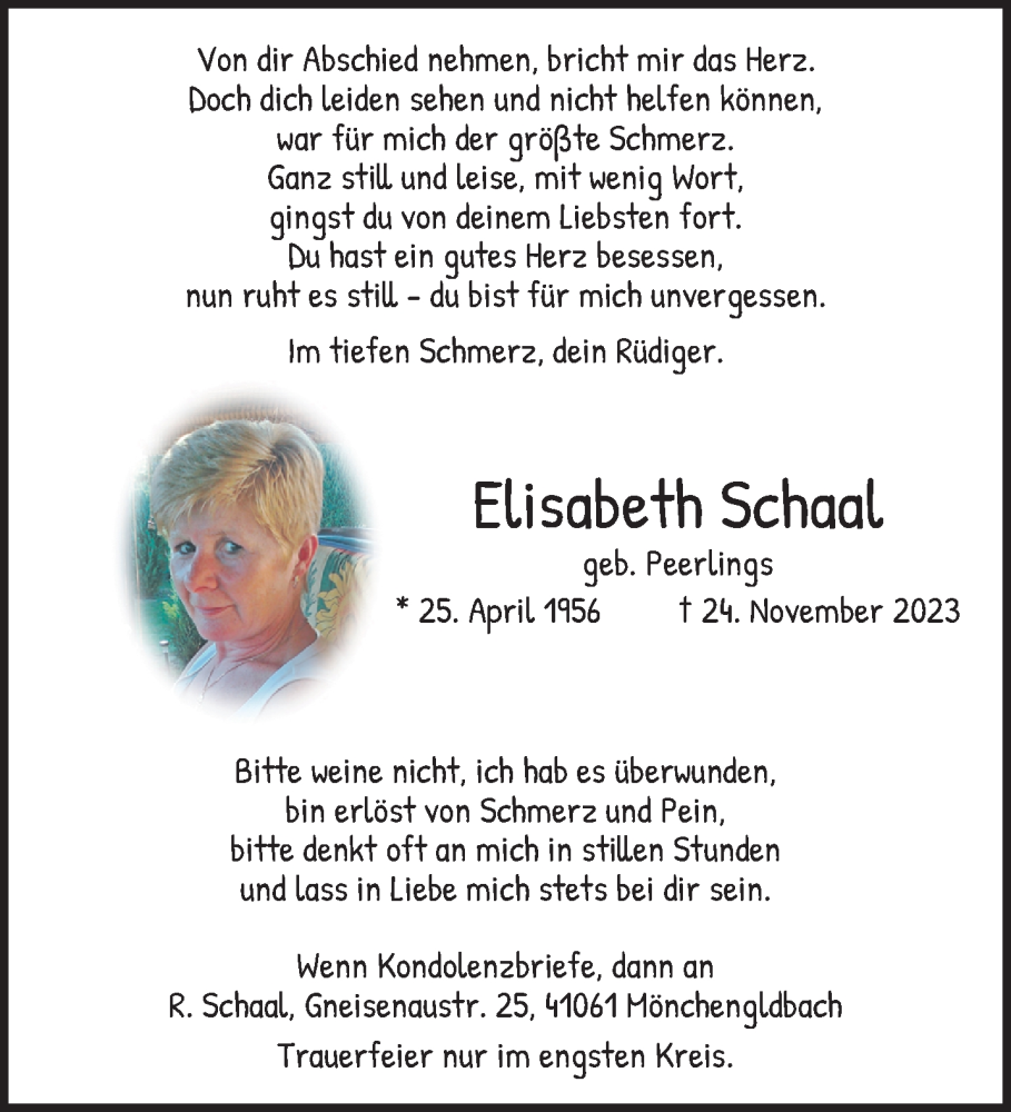  Traueranzeige für Elisabeth Schaaf vom 03.12.2023 aus trauer.extra-tipp-moenchengladbach.de