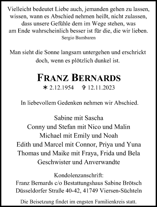 Traueranzeige von Franz Bernards von trauer.extra-tipp-moenchengladbach.de