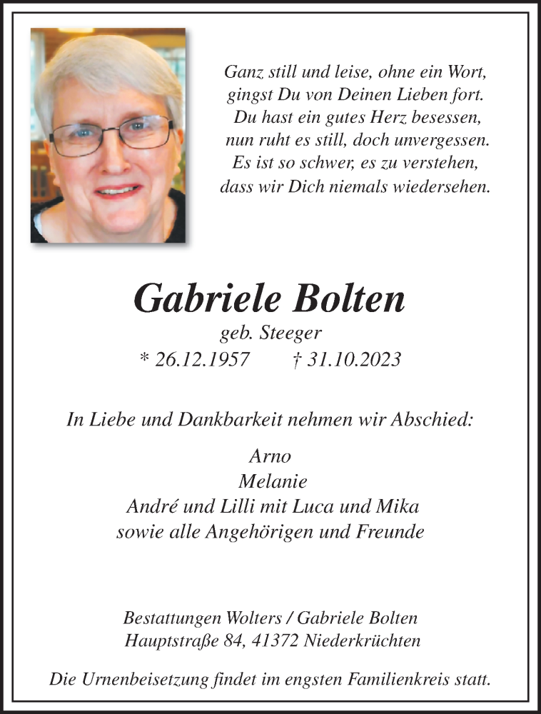  Traueranzeige für Gabriele Bolten vom 19.11.2023 aus trauer.extra-tipp-moenchengladbach.de