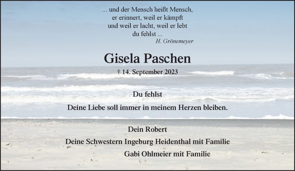  Traueranzeige für Gisela Paschen vom 05.11.2023 aus trauer.extra-tipp-moenchengladbach.de
