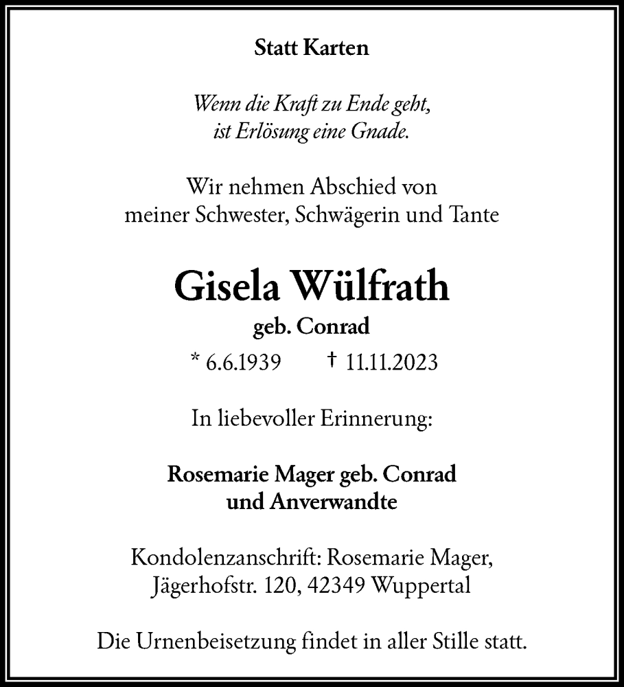  Traueranzeige für Gisela Wülfrath vom 25.11.2023 aus trauer.wuppertaler-rundschau.de