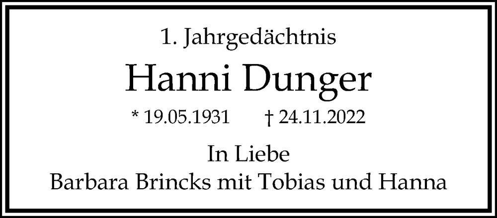 Traueranzeige für Hanni Dunger vom 26.11.2023 aus trauer.extra-tipp-moenchengladbach.de