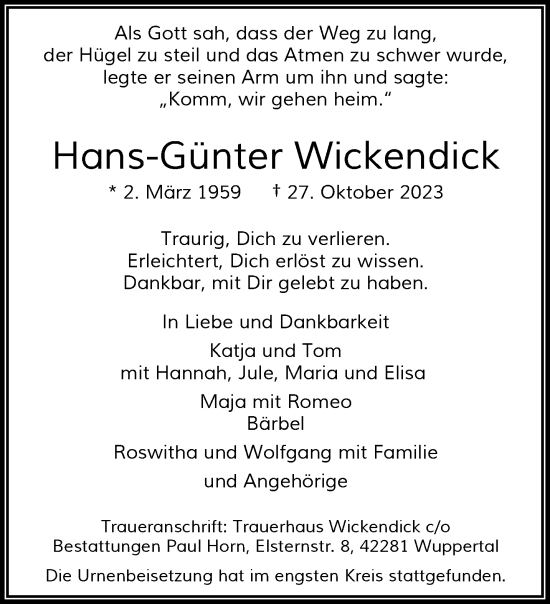 Traueranzeige von Hans-Günter Wickendick von trauer.wuppertaler-rundschau.de