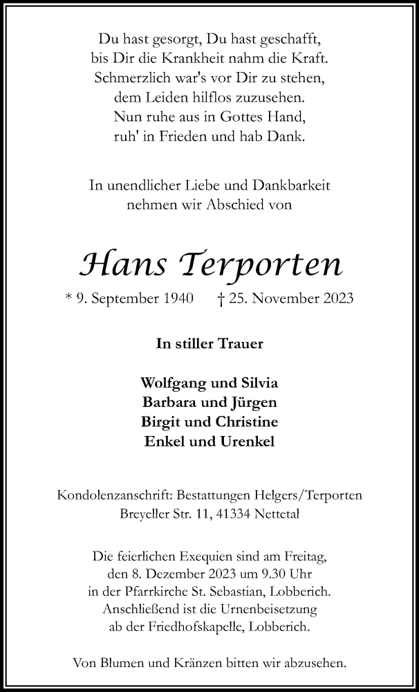  Traueranzeige für Hans Terporten vom 03.12.2023 aus trauer.extra-tipp-moenchengladbach.de