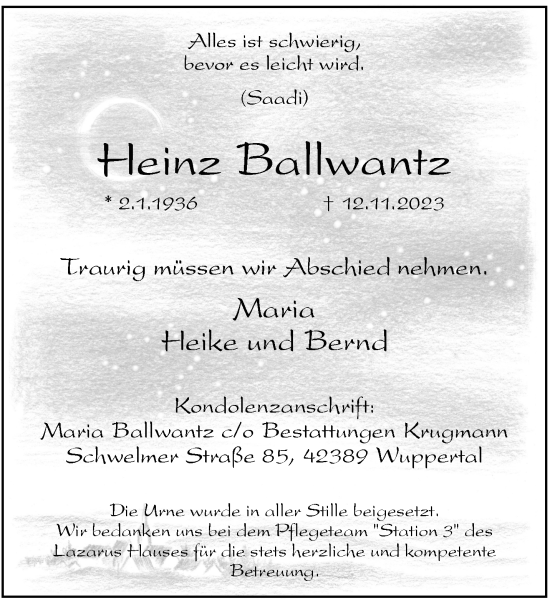 Traueranzeige von Heinz Ballwanz von trauer.wuppertaler-rundschau.de
