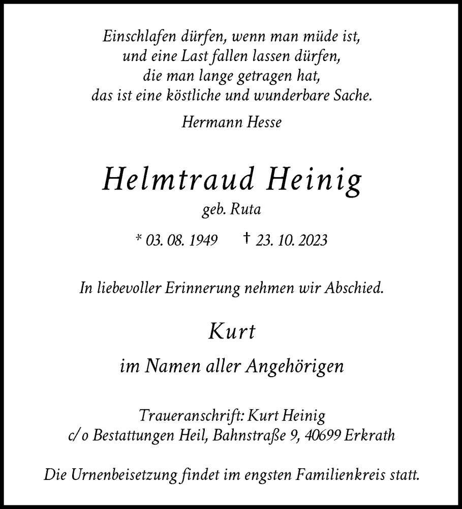  Traueranzeige für Helmtraud Heinig vom 03.11.2023 aus trauer.duesseldorfer-anzeiger.de