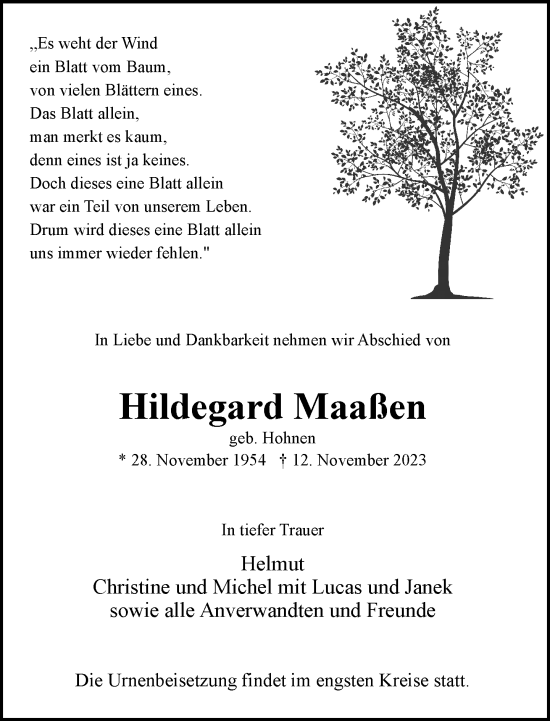 Traueranzeige von Hildegard Maaßen von trauer.extra-tipp-moenchengladbach.de