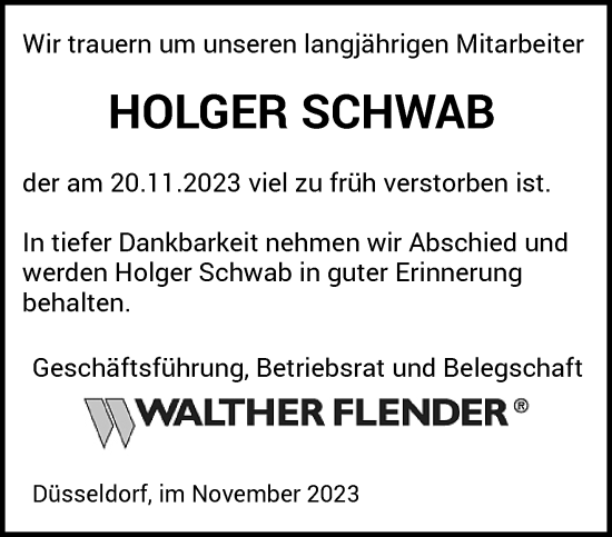 Traueranzeige von Holger Schwab von trauer.duesseldorfer-anzeiger.de
