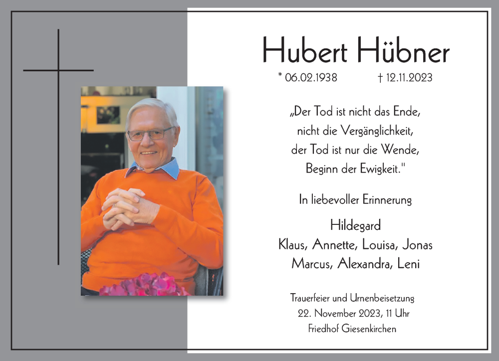  Traueranzeige für Hubert Hübner vom 19.11.2023 aus trauer.extra-tipp-moenchengladbach.de