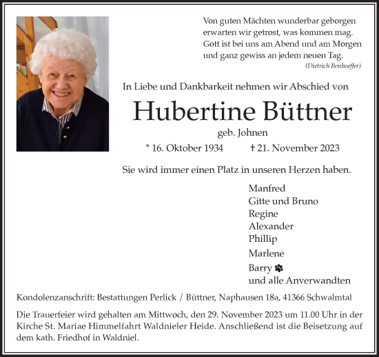 Traueranzeige von Hubertine Büttner von trauer.extra-tipp-moenchengladbach.de