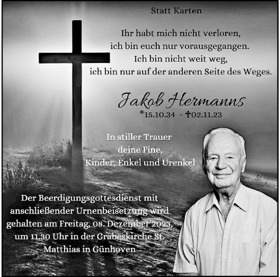 Traueranzeige von Jakob Hermanns von trauer.extra-tipp-moenchengladbach.de