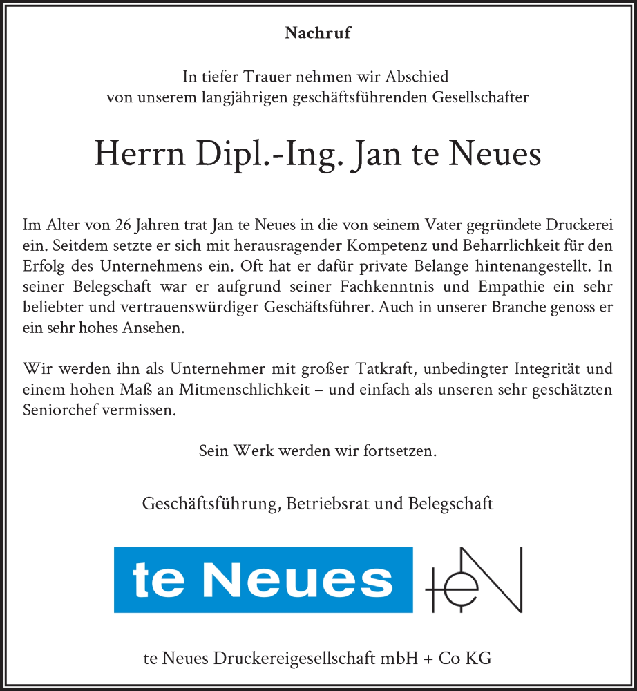  Traueranzeige für Jan te Neues vom 26.11.2023 aus trauer.extra-tipp-moenchengladbach.de