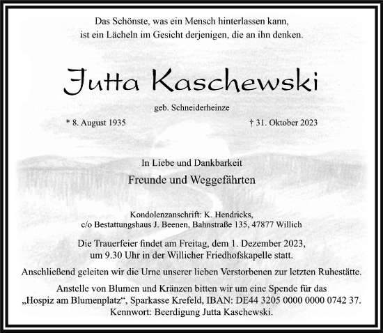 Traueranzeige von Jutta Kaschewski von trauer.extra-tipp-moenchengladbach.de