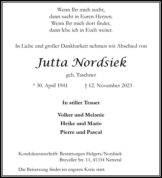 Traueranzeige von Jutta Nordsiek von trauer.extra-tipp-moenchengladbach.de