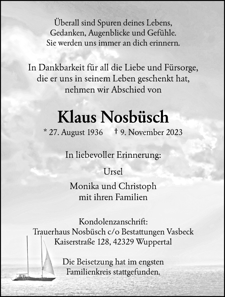  Traueranzeige für Klaus Nosbüsch vom 25.11.2023 aus trauer.wuppertaler-rundschau.de