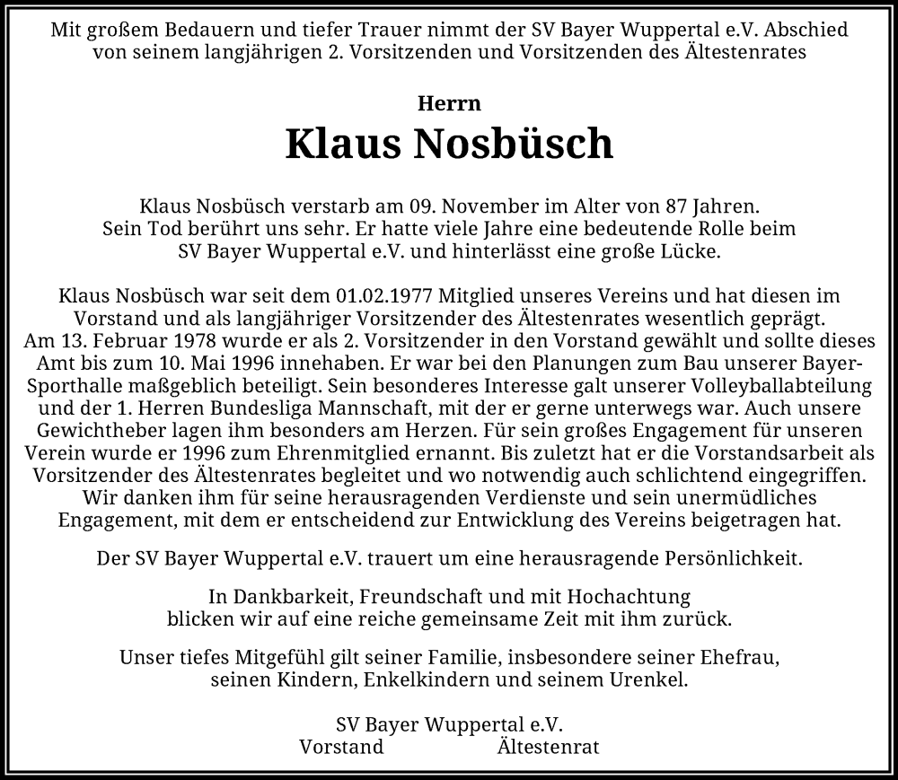 Traueranzeige für Klaus Nosbüsch vom 25.11.2023 aus trauer.wuppertaler-rundschau.de