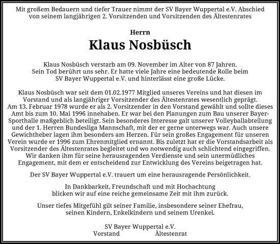 Traueranzeige von Klaus Nosbüsch von trauer.wuppertaler-rundschau.de