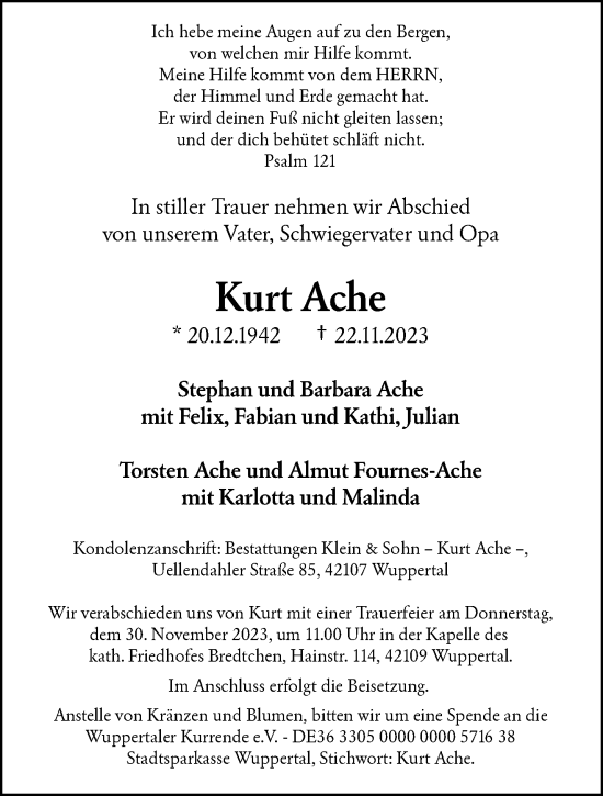 Traueranzeige von Kurt Ache von trauer.wuppertaler-rundschau.de